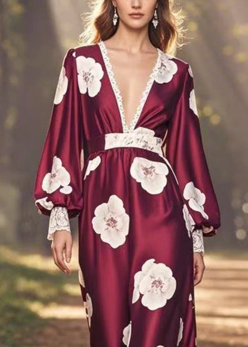 Fashion Wine Red V Neck Print Patchwork Silk Long Dress Spring - Image 2