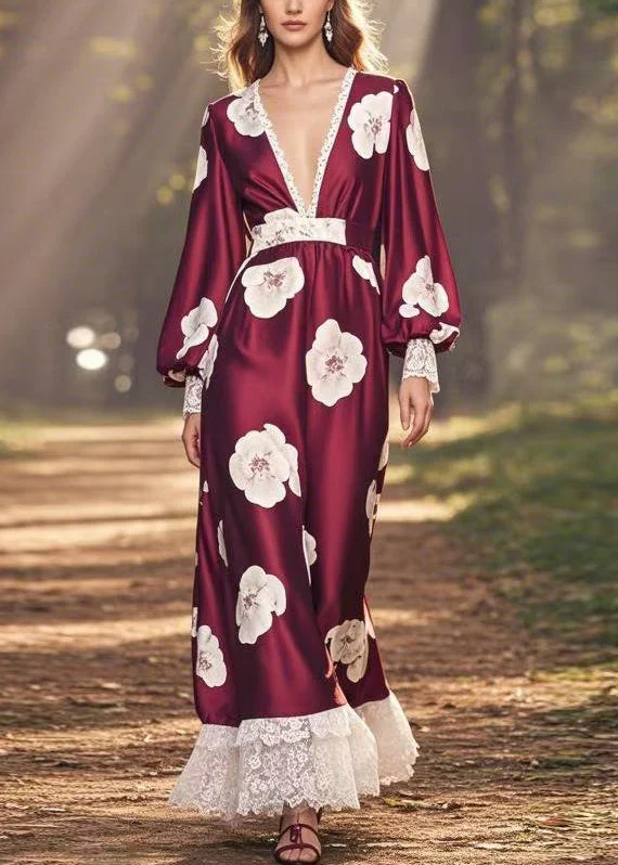 Fashion Wine Red V Neck Print Patchwork Silk Long Dress Spring - Image 3