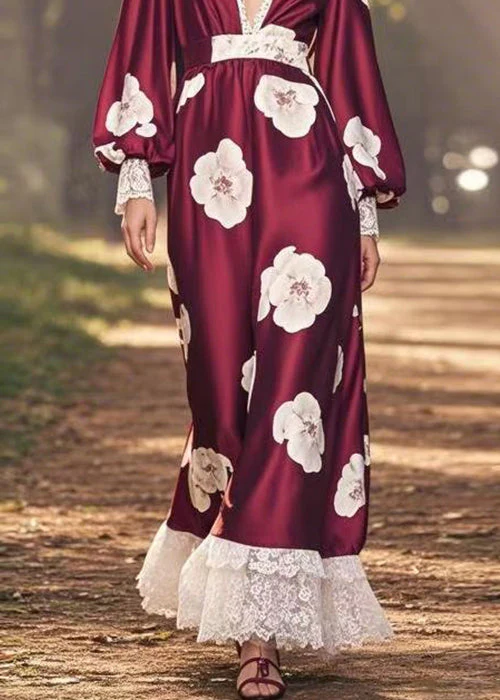 Fashion Wine Red V Neck Print Patchwork Silk Long Dress Spring - Image 4