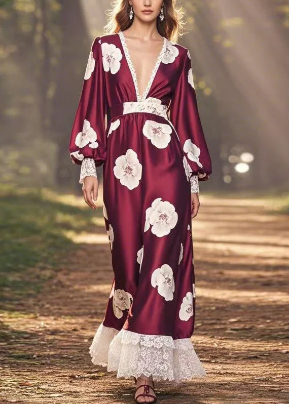Fashion Wine Red V Neck Print Patchwork Silk Long Dress Spring - Image 5
