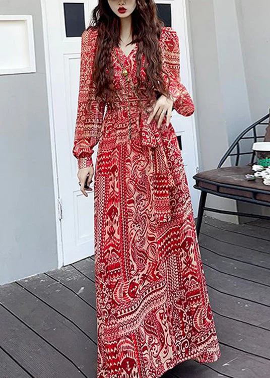 Fashion Wine Red V Neck Print Side Open Patchwork Long Dresses Fall - Image 2