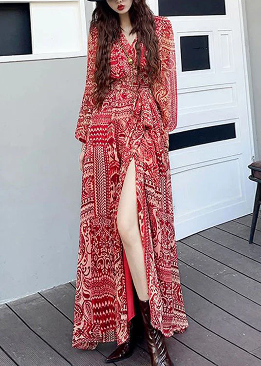 Fashion Wine Red V Neck Print Side Open Patchwork Long Dresses Fall - Image 3