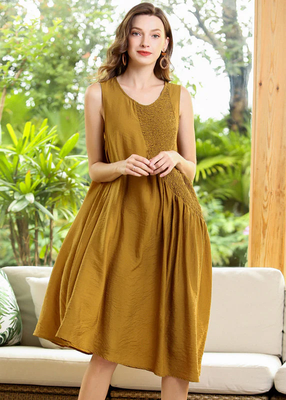 Fashion Yellow Asymmetrical Patchwork Wrinkled Cotton Dress Sleeveless - Image 2