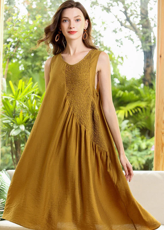 Fashion Yellow Asymmetrical Patchwork Wrinkled Cotton Dress Sleeveless - Image 3