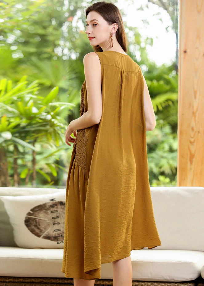 Fashion Yellow Asymmetrical Patchwork Wrinkled Cotton Dress Sleeveless - Image 4