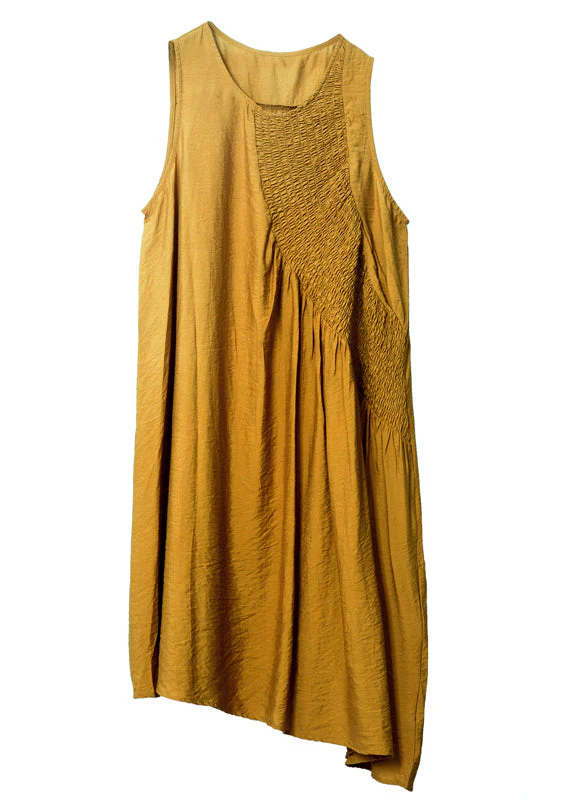 Fashion Yellow Asymmetrical Patchwork Wrinkled Cotton Dress Sleeveless - Image 5
