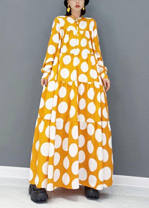 Fashion Yellow Button Print Fall Long Sleeve Holiday Dress - Image 2