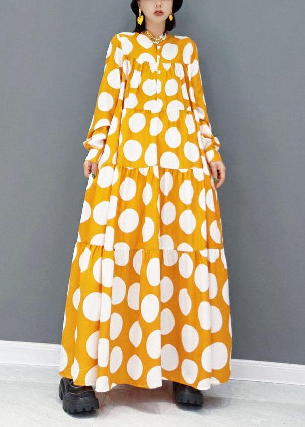 Fashion Yellow Button Print Fall Long Sleeve Holiday Dress - Image 3