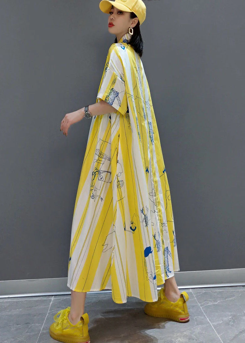 Fashion Yellow Cinched Striped print shirt long Dresses Spring - Image 4