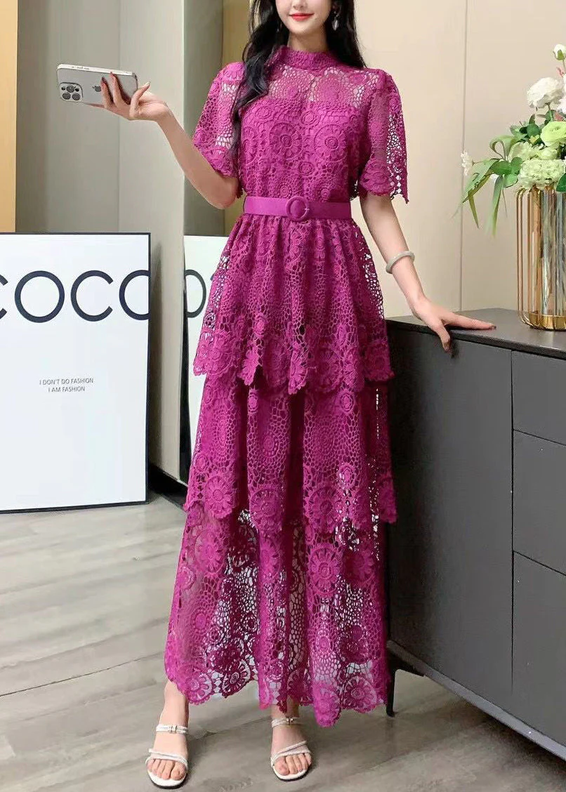 Fashion Yellow Embroidered Tie Waist Patchwork Lace Dress Summer - Image 2