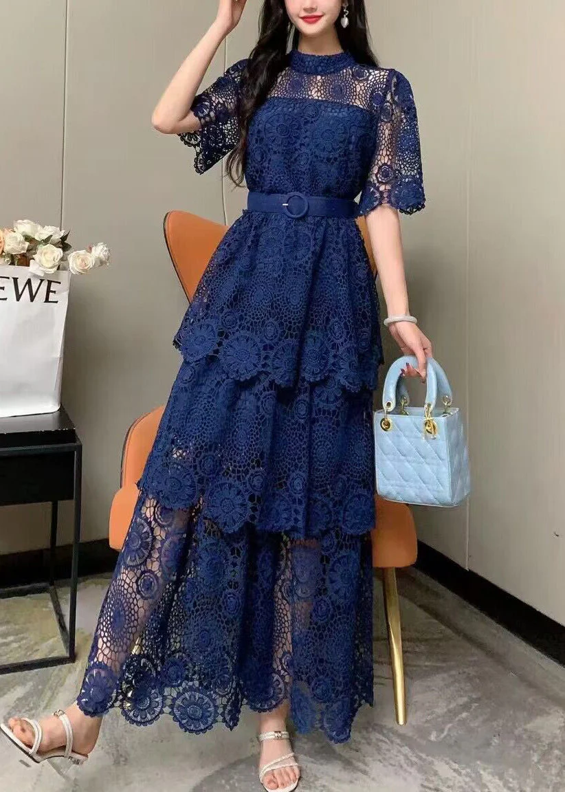 Fashion Yellow Embroidered Tie Waist Patchwork Lace Dress Summer - Image 3