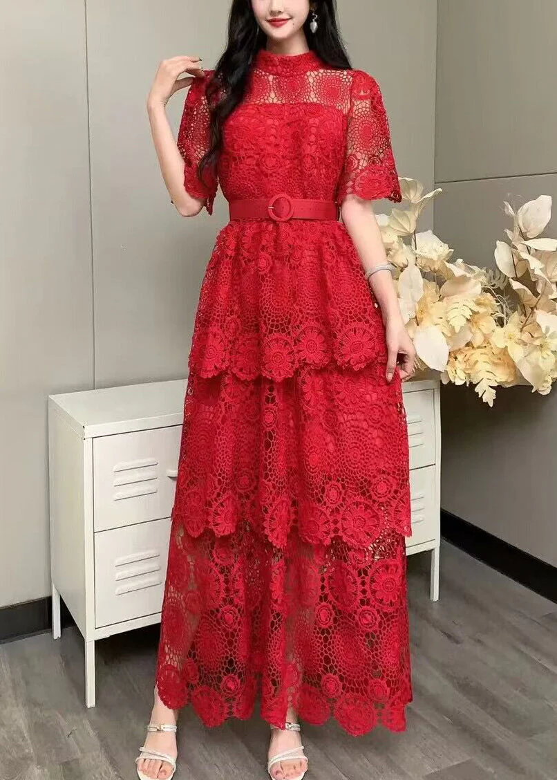 Fashion Yellow Embroidered Tie Waist Patchwork Lace Dress Summer - Image 4