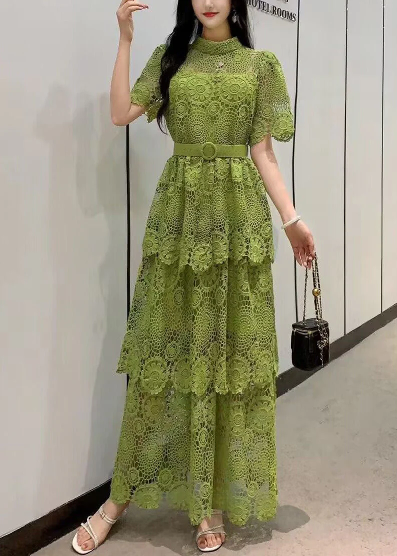 Fashion Yellow Embroidered Tie Waist Patchwork Lace Dress Summer - Image 5