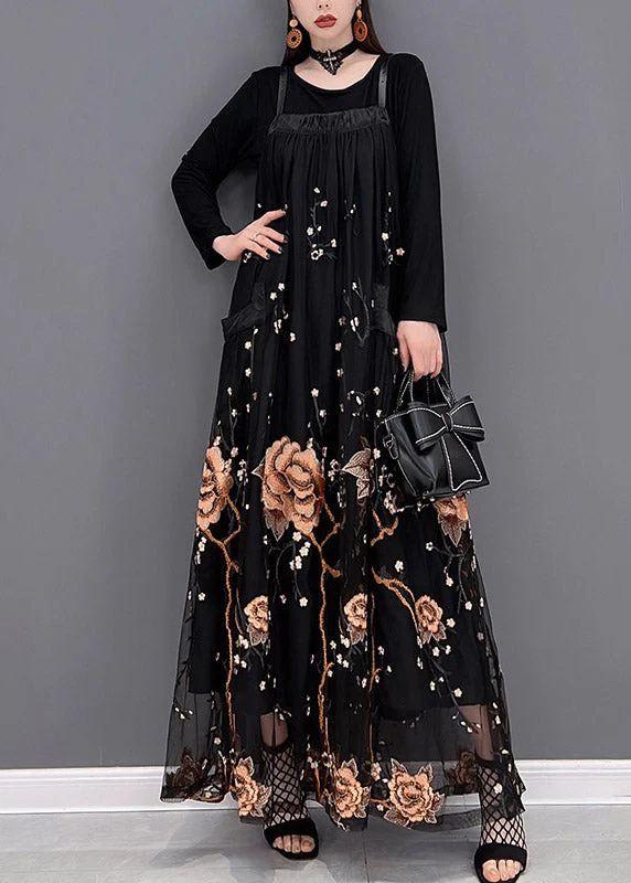 Fashion Yellow Embroideried Patchwork Tulle Spaghetti Strap Long Dress Two Piece Set Spring - Image 2