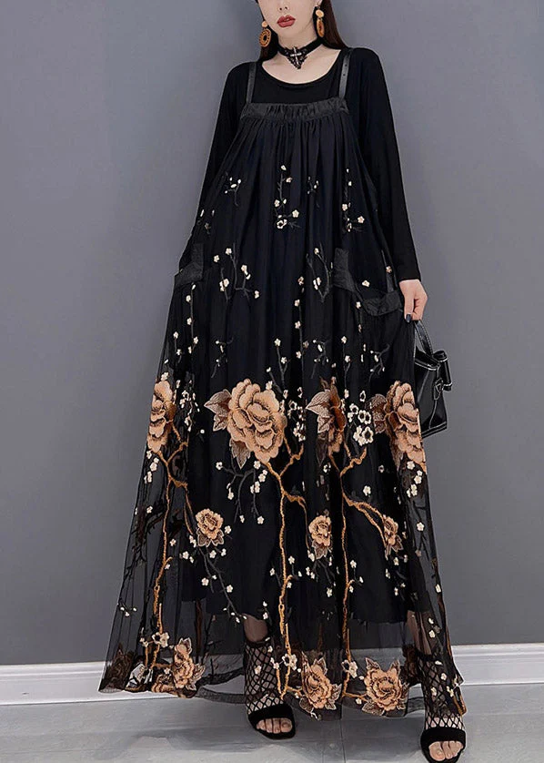 Fashion Yellow Embroideried Patchwork Tulle Spaghetti Strap Long Dress Two Piece Set Spring - Image 3