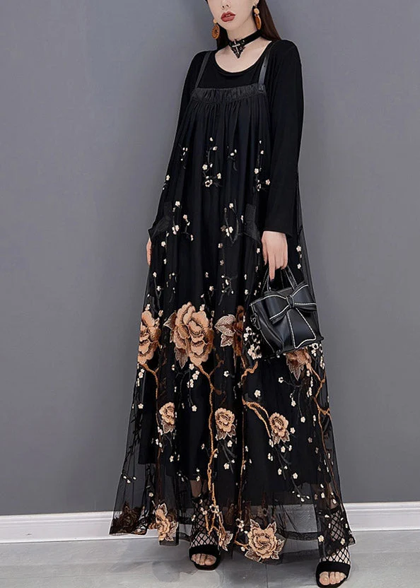 Fashion Yellow Embroideried Patchwork Tulle Spaghetti Strap Long Dress Two Piece Set Spring - Image 4