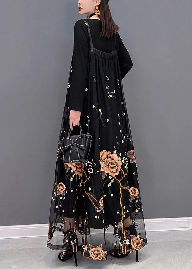 Fashion Yellow Embroideried Patchwork Tulle Spaghetti Strap Long Dress Two Piece Set Spring - Image 5