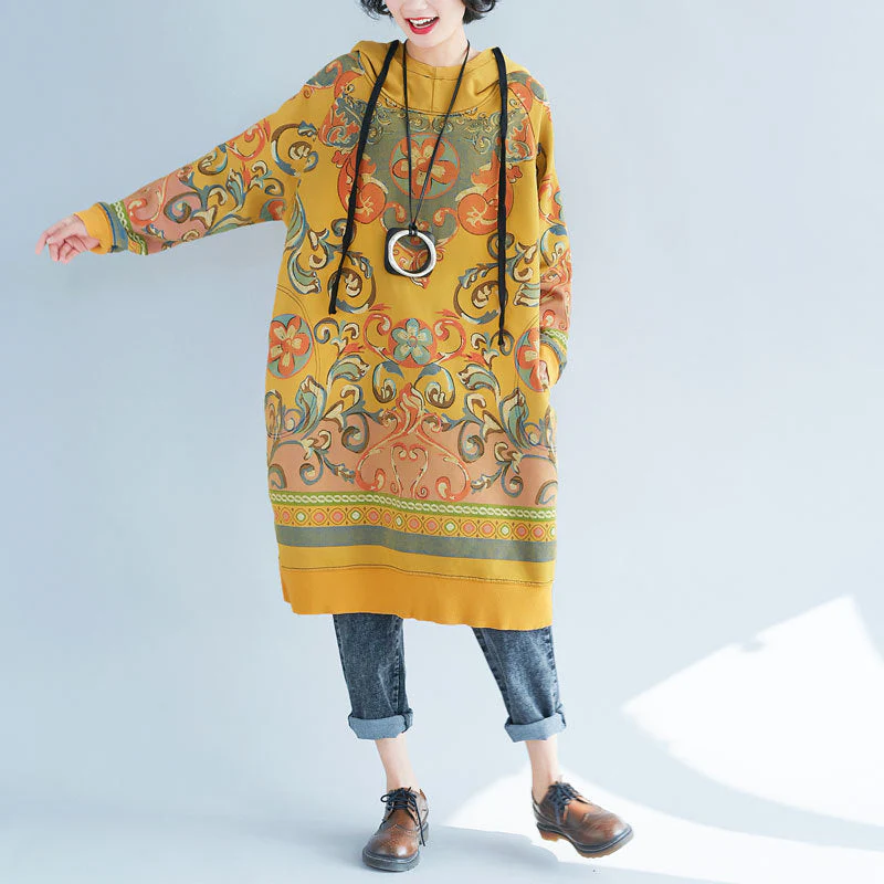 Fashion Yellow Hooded side open Print Sweatshirt dresses Spring - Image 3