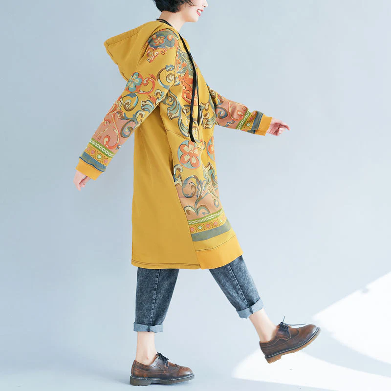 Fashion Yellow Hooded side open Print Sweatshirt dresses Spring - Image 5