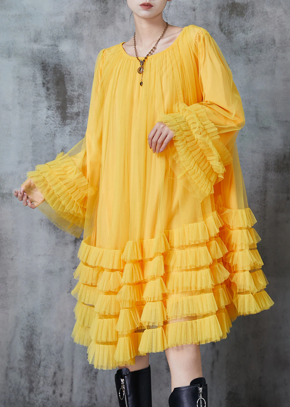 Fashion Yellow Oversized Ruffled Tulle Maxi Dresses Spring - Image 3