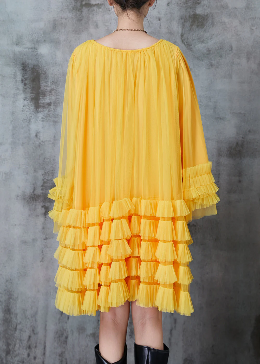 Fashion Yellow Oversized Ruffled Tulle Maxi Dresses Spring - Image 4