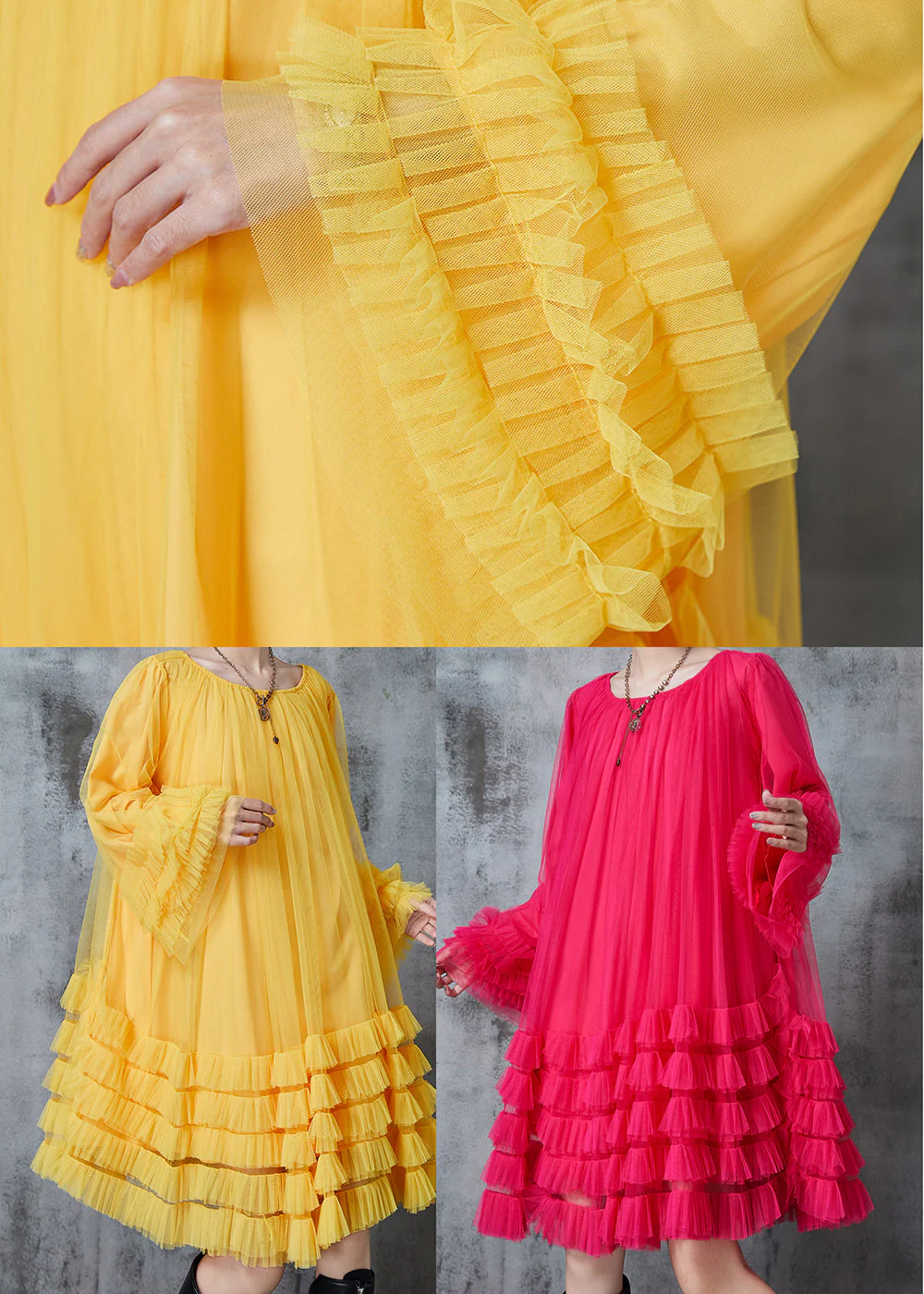 Fashion Yellow Oversized Ruffled Tulle Maxi Dresses Spring - Image 5