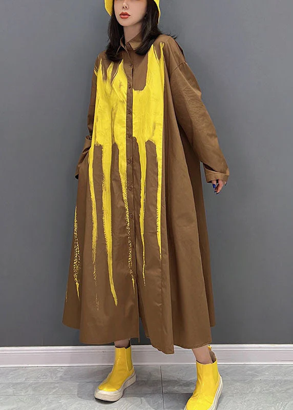 Fashion Yellow Oversized Tie Dye Cotton Holiday Dress Fall - Image 2