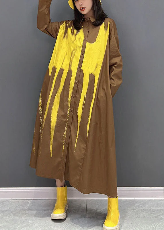 Fashion Yellow Oversized Tie Dye Cotton Holiday Dress Fall - Image 3
