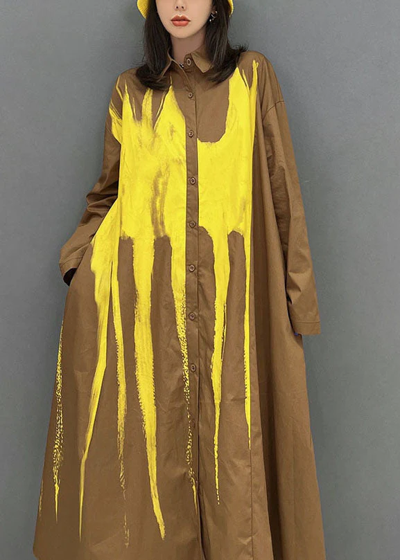 Fashion Yellow Oversized Tie Dye Cotton Holiday Dress Fall - Image 5