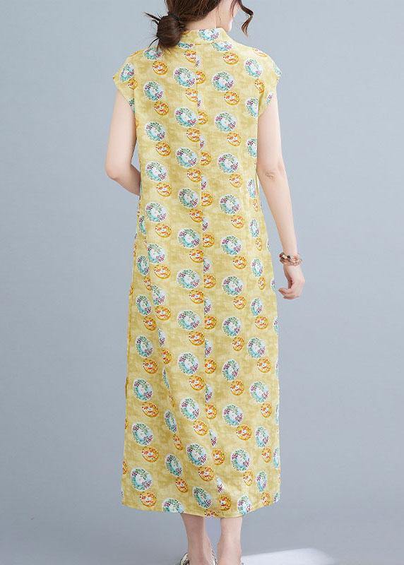 Fashion Yellow Print Cotton Dress Oriental Summer Vacation Dresses - Image 3