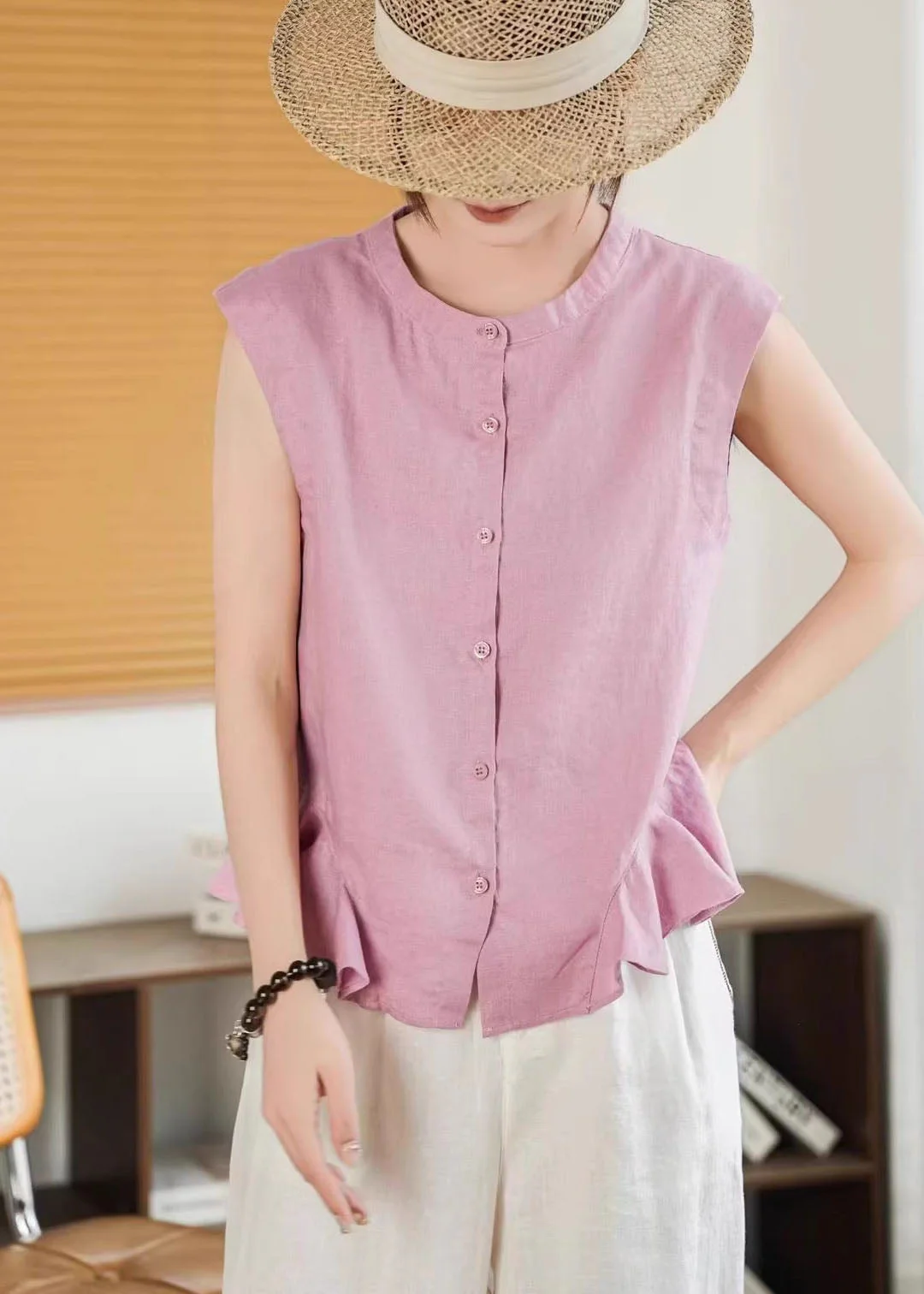 Fashion Yellow Ruffled Button Linen Shirt Tops Sleeveless - Image 2