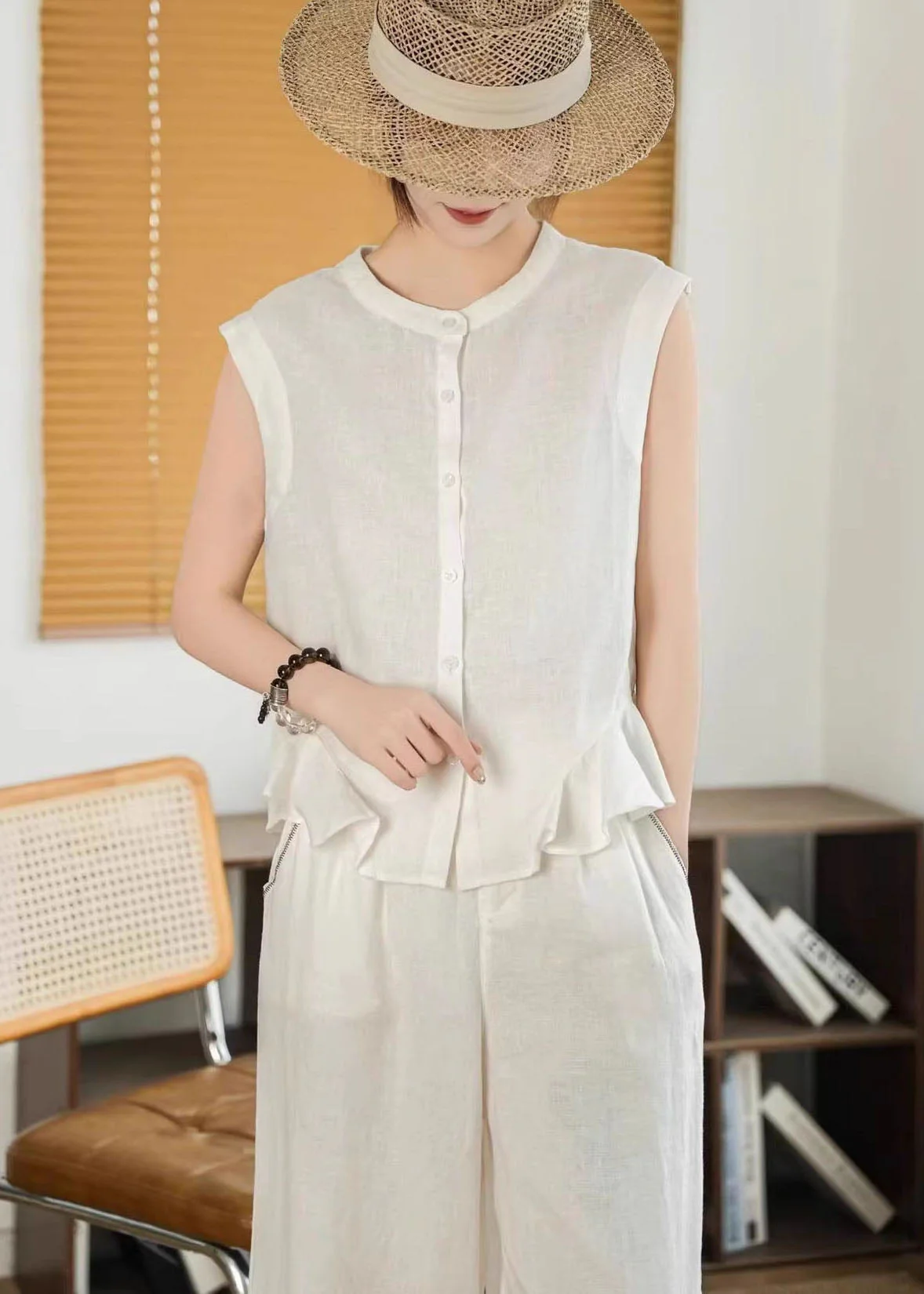 Fashion Yellow Ruffled Button Linen Shirt Tops Sleeveless - Image 3