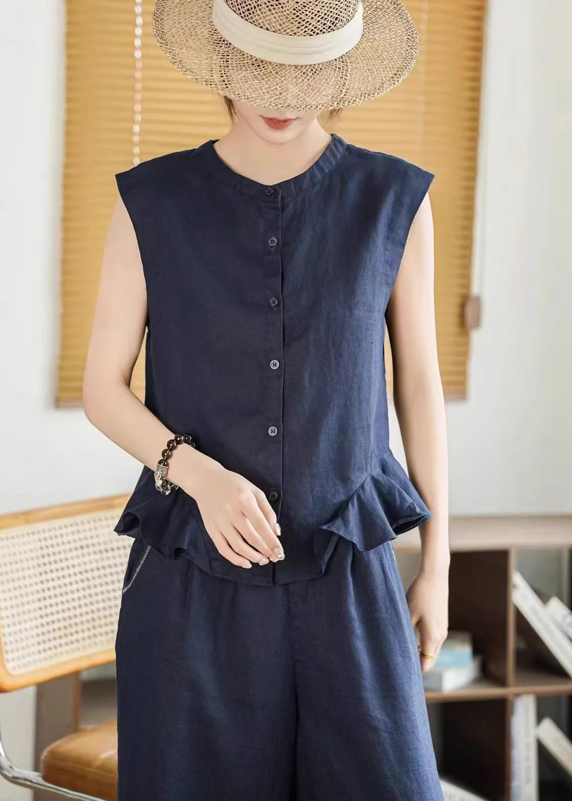 Fashion Yellow Ruffled Button Linen Shirt Tops Sleeveless - Image 4