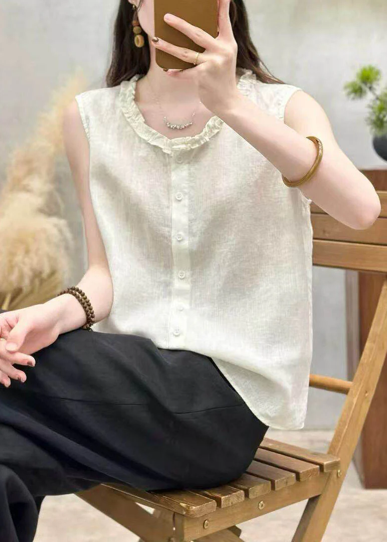 Fashion Yellow Ruffled Button Patchwork Linen Top Sleeveless - Image 2