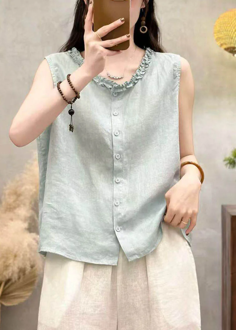 Fashion Yellow Ruffled Button Patchwork Linen Top Sleeveless - Image 3