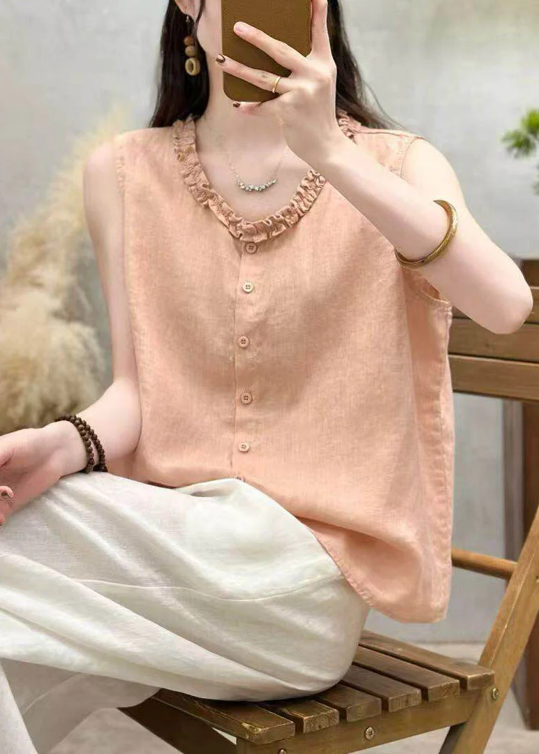 Fashion Yellow Ruffled Button Patchwork Linen Top Sleeveless - Image 4