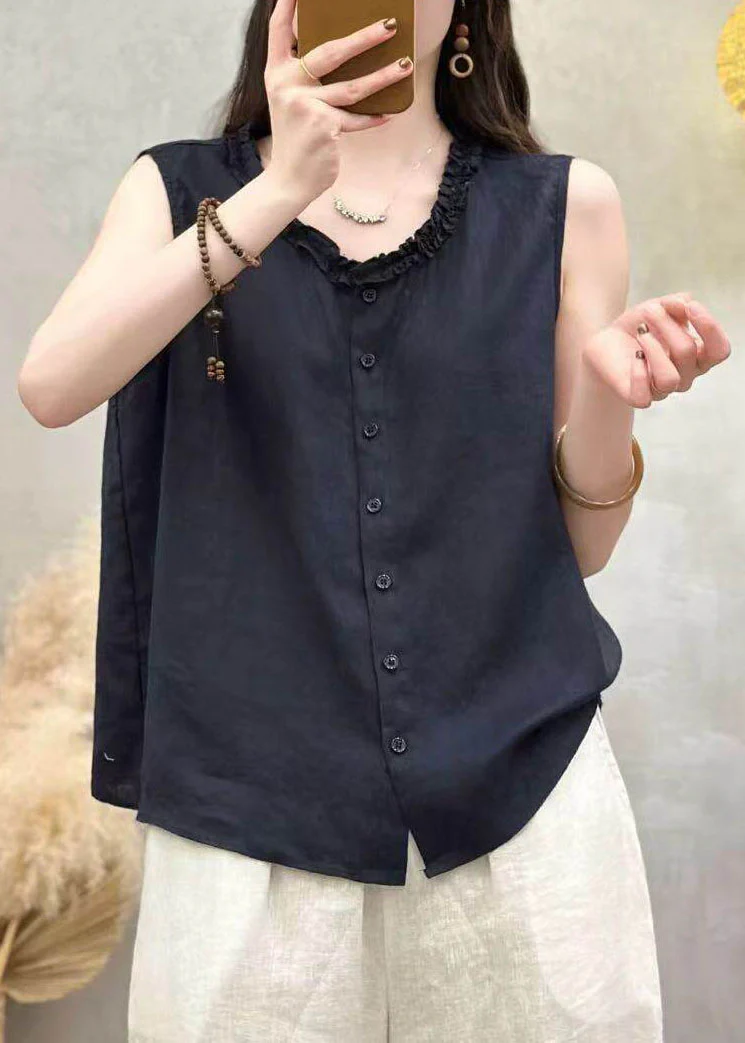 Fashion Yellow Ruffled Button Patchwork Linen Top Sleeveless - Image 5