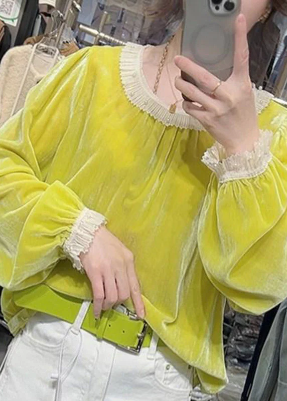 Fashion Yellow Ruffled Nail Bead Silk Velour Shirt Fall - Image 3