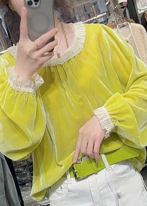 Fashion Yellow Ruffled Nail Bead Silk Velour Shirt Fall - Image 4