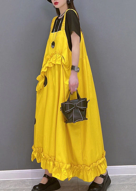 Fashion Yellow Slash Neck Dot Print Spaghetti Strap Dress Sleeveless - Image 4
