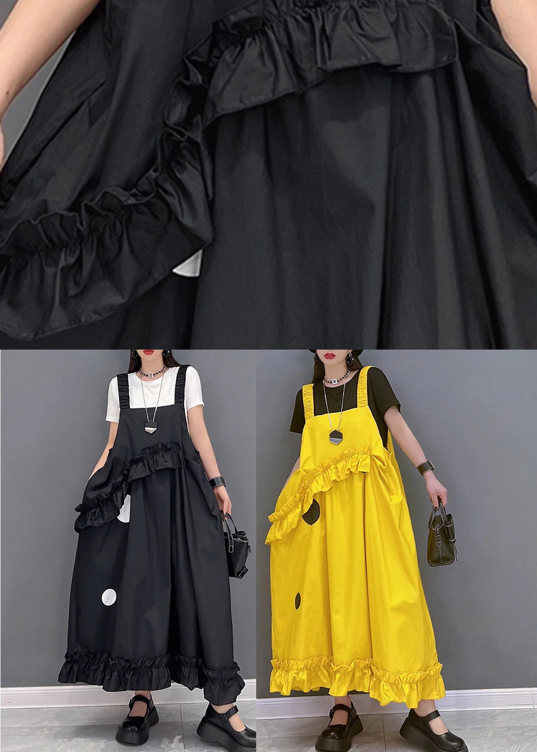 Fashion Yellow Slash Neck Dot Print Spaghetti Strap Dress Sleeveless - Image 5