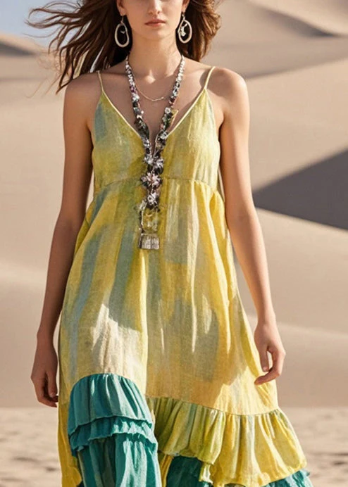 Fashion Yellow Tie Dye Patchwork Cotton Sundress Summer - Image 2
