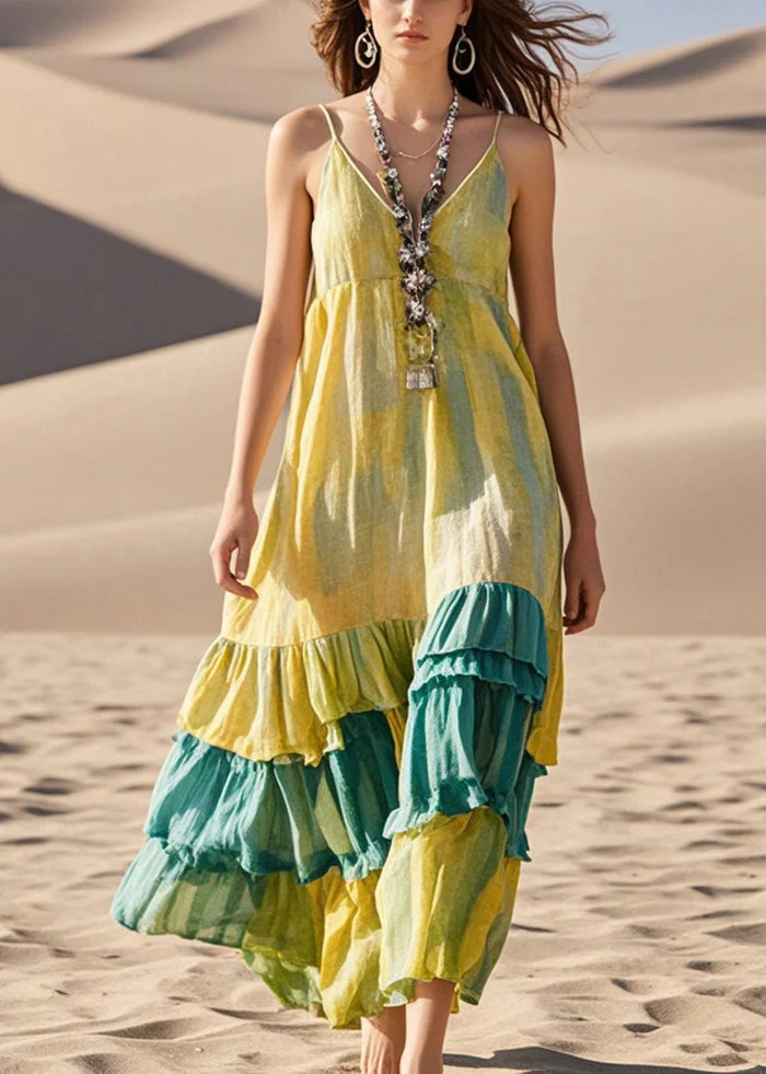 Fashion Yellow Tie Dye Patchwork Cotton Sundress Summer - Image 3