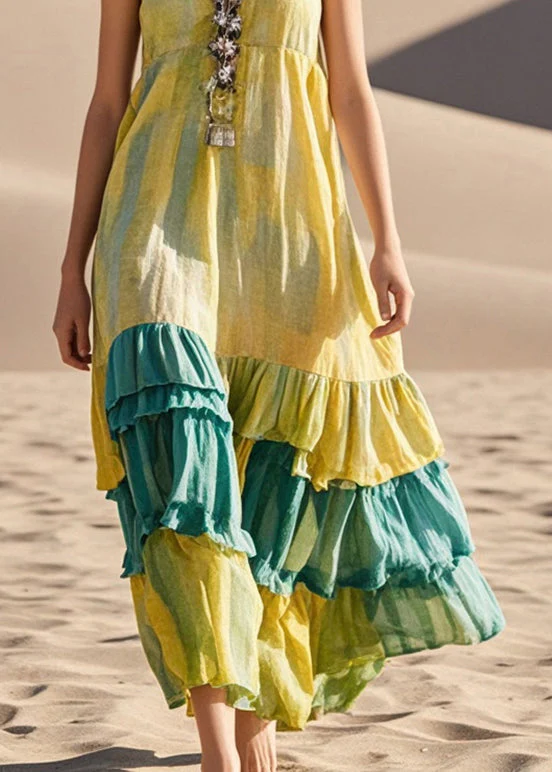 Fashion Yellow Tie Dye Patchwork Cotton Sundress Summer - Image 4