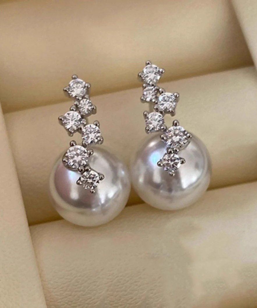 Fashion Zircon Pearl Patchwork Silver Drop Earrings - Image 3