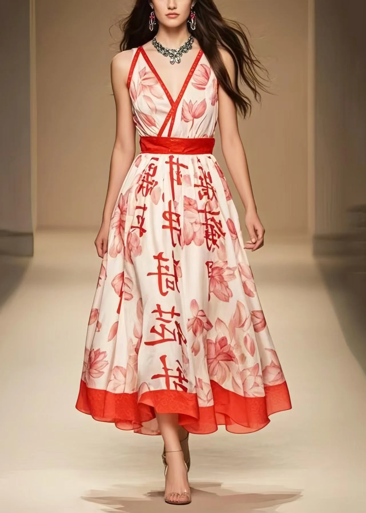 Fine Apricot Print Exra Large Hem Chiffon Dresses Sleeveless - Image 3