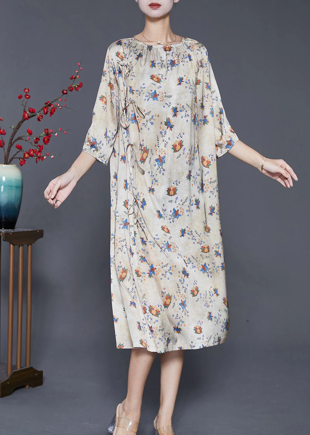 Fine Apricot Print Lace Up Silk Vacation Dresses Half Sleeve - Image 2