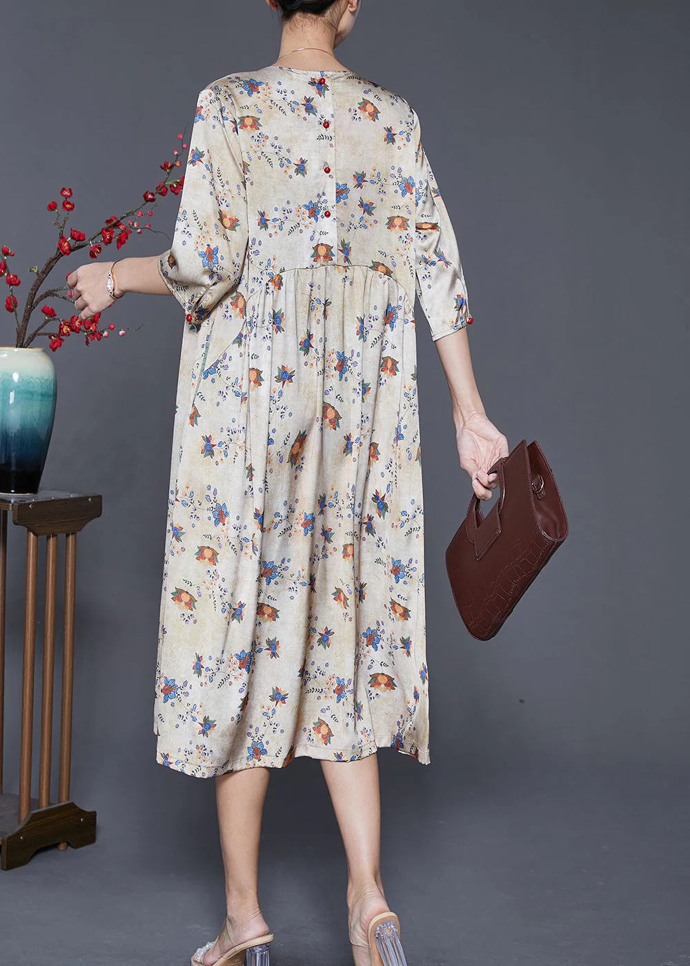 Fine Apricot Print Lace Up Silk Vacation Dresses Half Sleeve - Image 4