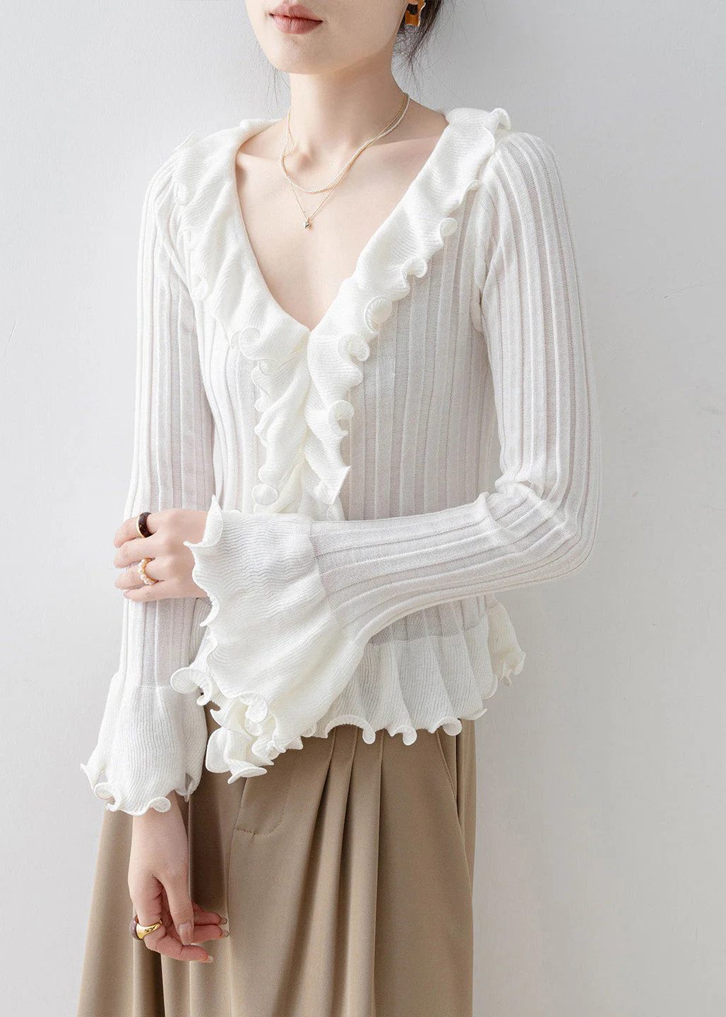 Fine Apricot Ruffled Patchwork Slim Fit Knit Top Spring - Image 2