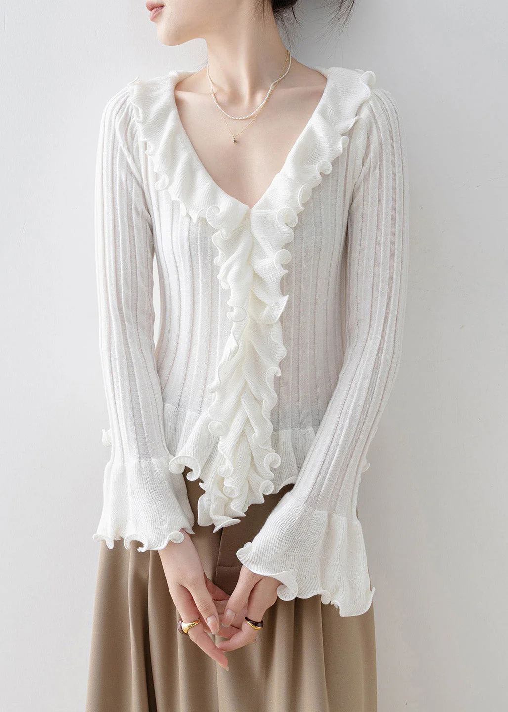 Fine Apricot Ruffled Patchwork Slim Fit Knit Top Spring - Image 3